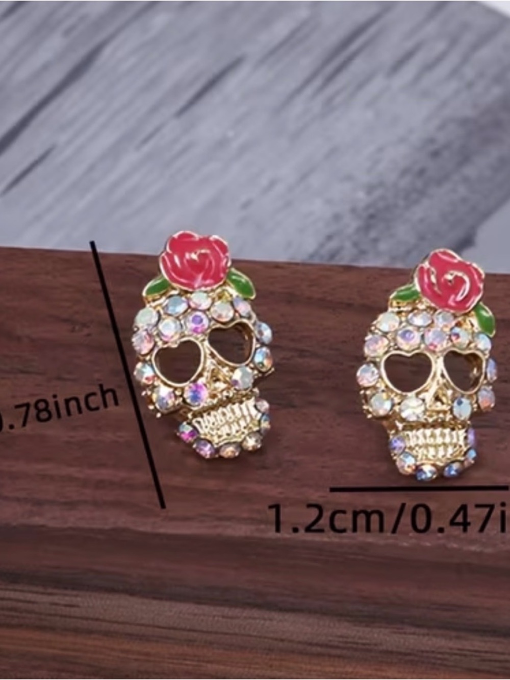 New Rhinestone Sugar Skull Stud Earrings with Pink Rose Accent - Picture 2 of 3